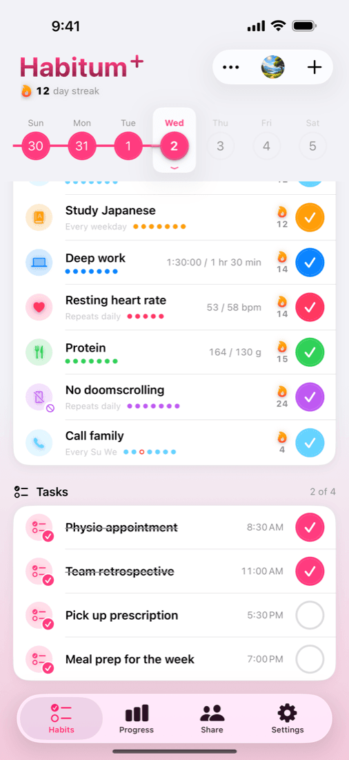Habits with quantity, timer and measurement targets, and a list of one-off tasks below them.