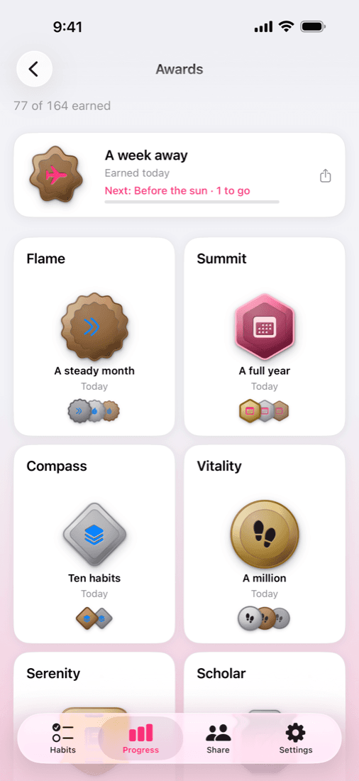The Awards screen showing 77 of 164 awards earned across collections like Flame, Summit and Compass.