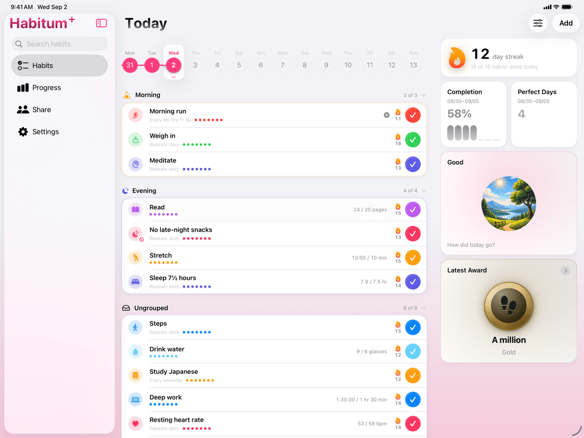 Habitum on iPad in landscape, the day's habits laid out in columns.